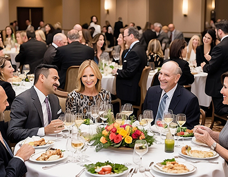 Upscale corporate event with guests dining and socializing, WhiteHouse DJ entertainment
